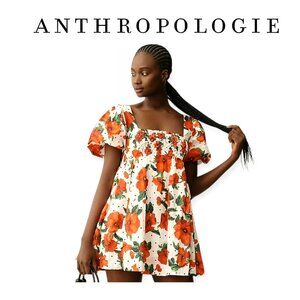 Anthropologie Maeve Poppy Floral Smocked Babydoll Mini Dress Red Cottagecore XSP